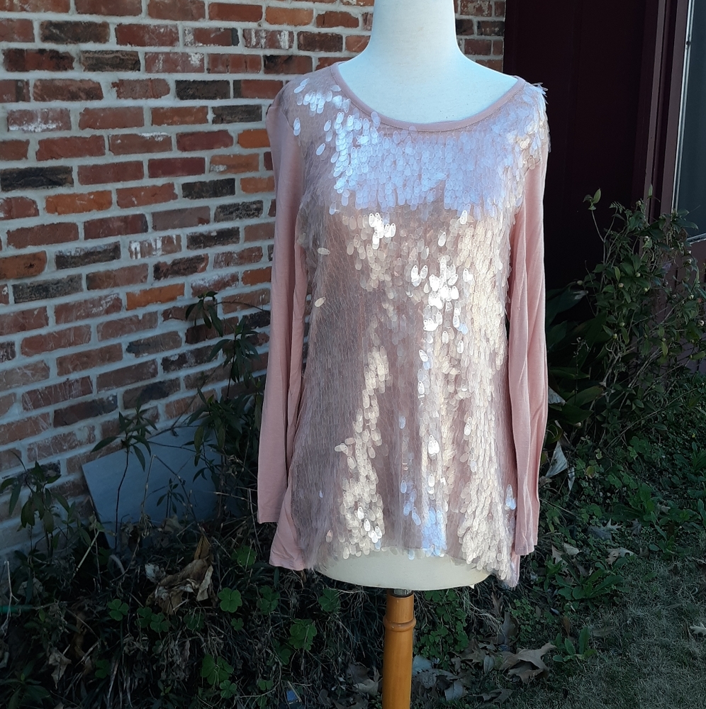 Reba Opulent Dusty Pink Crew Neck Iridescent Sequin Top